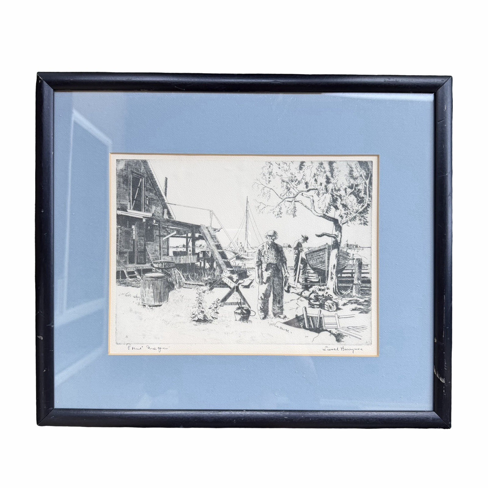 Lionel Barrymore Framed Sketch Print Maritime Harbor Scene Signed Art 17.5”